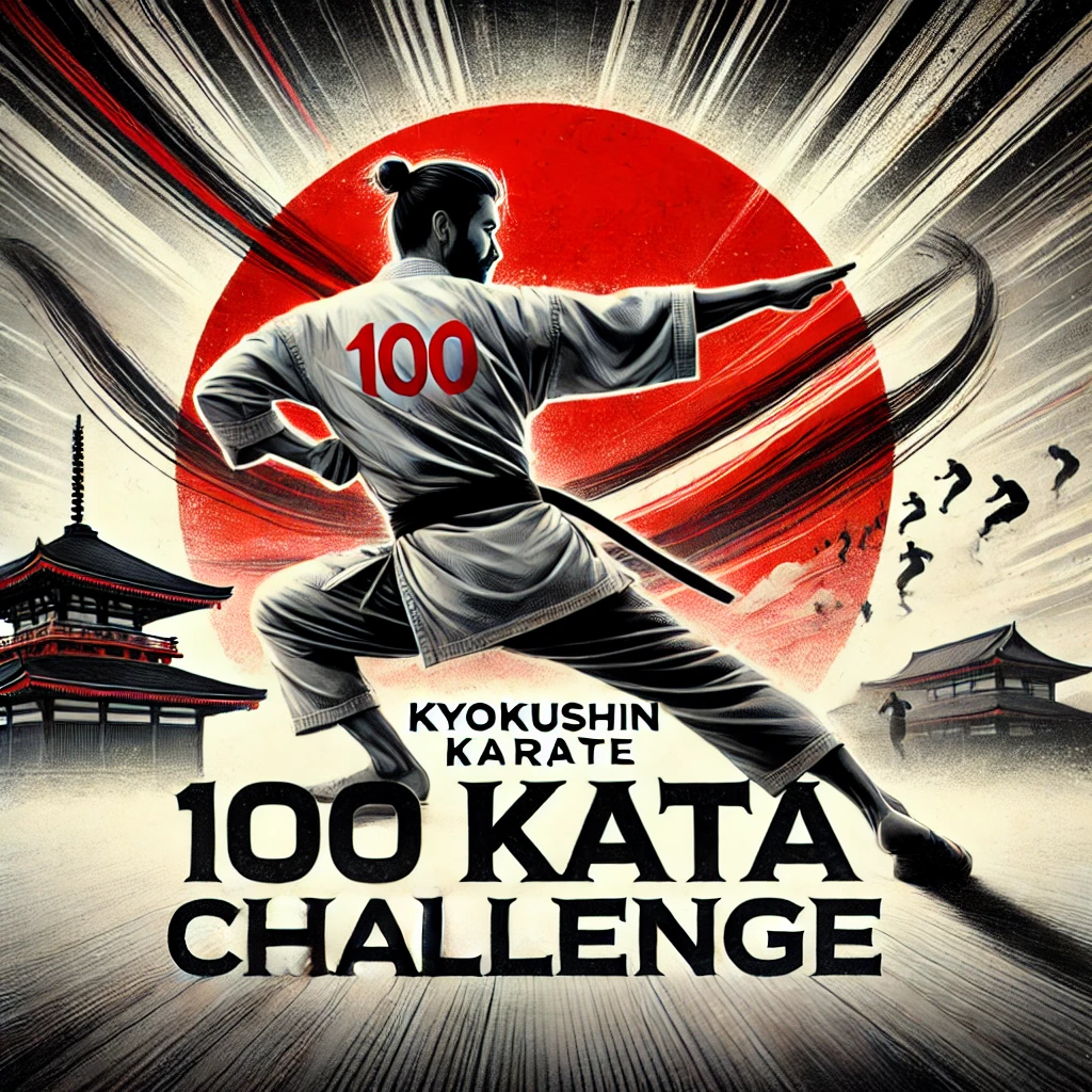 Poster van de 100 Kata Challenge met een karateka in kyokushin-gi voor een rode zon